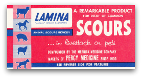 Merrick Medicine Company once used to produce a formula for animals
              under the name of Lamina which is animal spelled backwards.